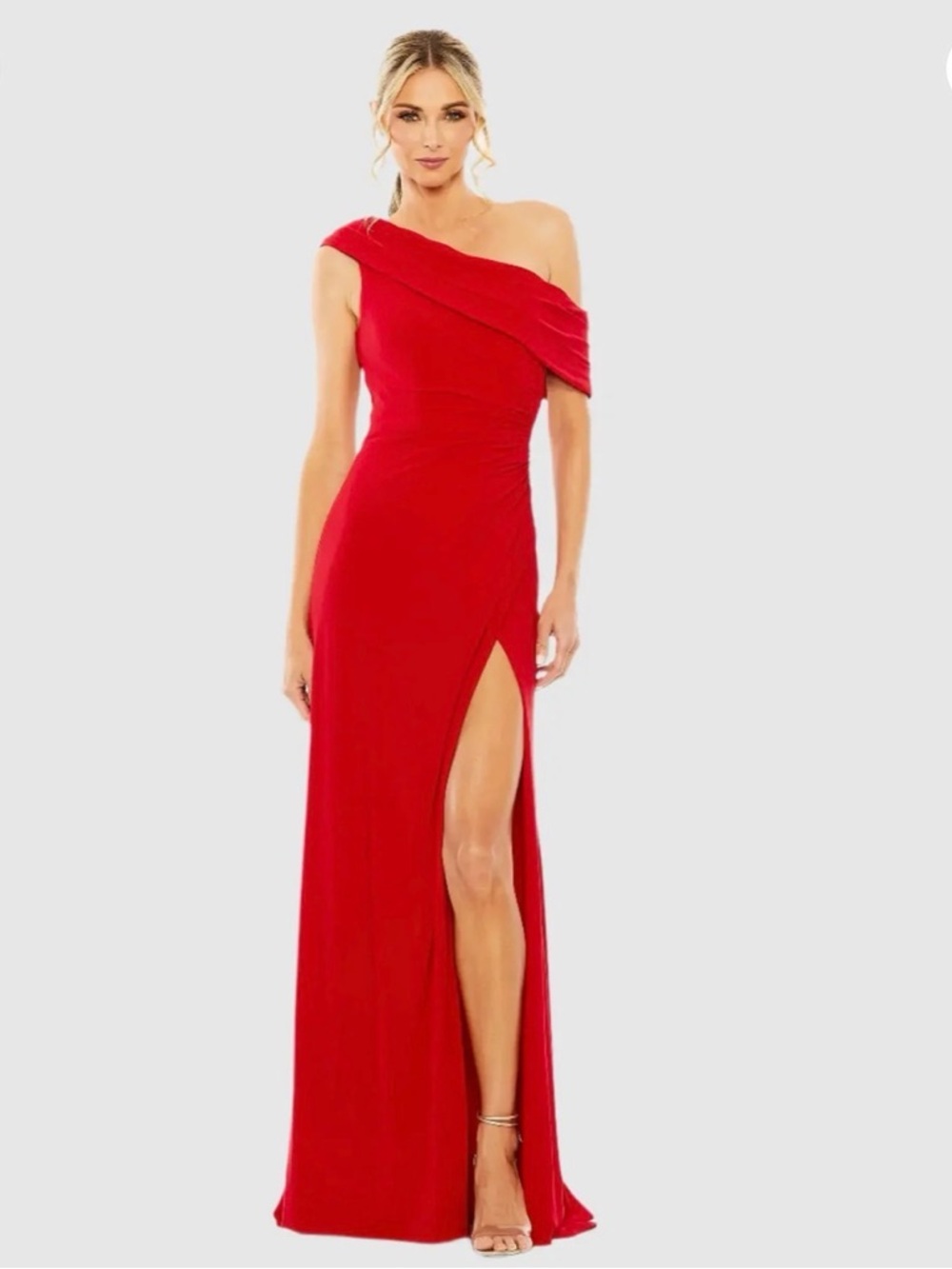 Mac Duggal Red One-Shoulder Evening Gown with Thigh Slit